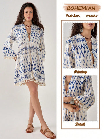 Embrace your free spirit in this playful Bohemian V-neck dress! Adorned with vibrant florals and charming tassel trim, it's the perfect vacation companion. Twirl from beach to bistro with effortless style – this dress brings the fun to your getaway wardrobe while keeping you cool and carefree under the sun.