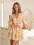 Pastel floral V neck button front boho mini dress