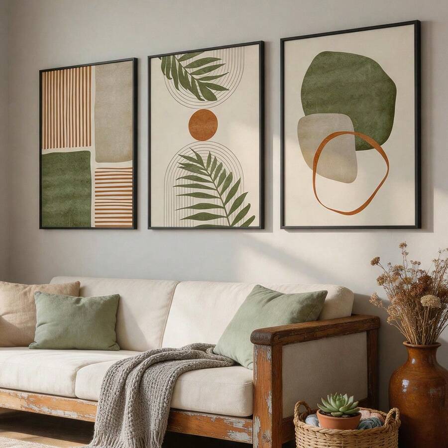 Living room crop of three earth-tone abstract botanical prints in black frames