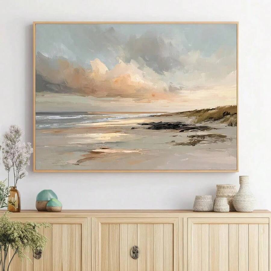 Front cabinet wall mockup of abstract coastal sunset canvas art in a light wood frame