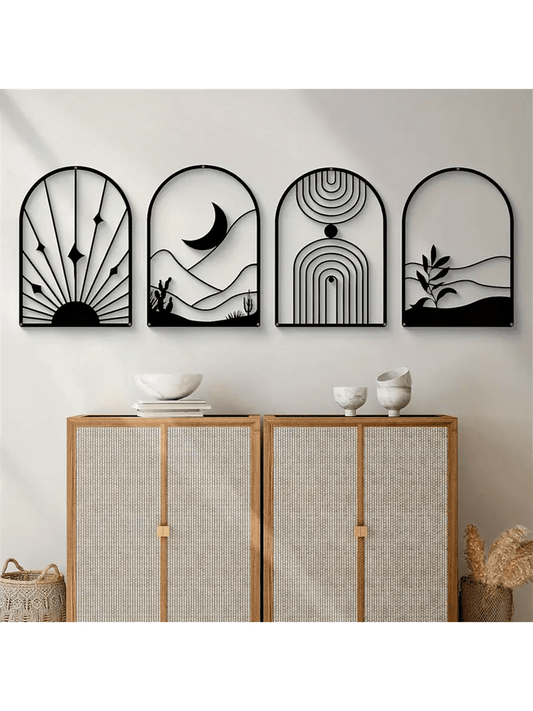 Upgrade your home decor with the Boho Black Abstract Metal Wall Art. This 4-piece set features a geometric line sculpture for a minimalist touch. Made from high-quality metal, these pieces are durable and long-lasting. Elevate your space with a modern and elegant aesthetic.