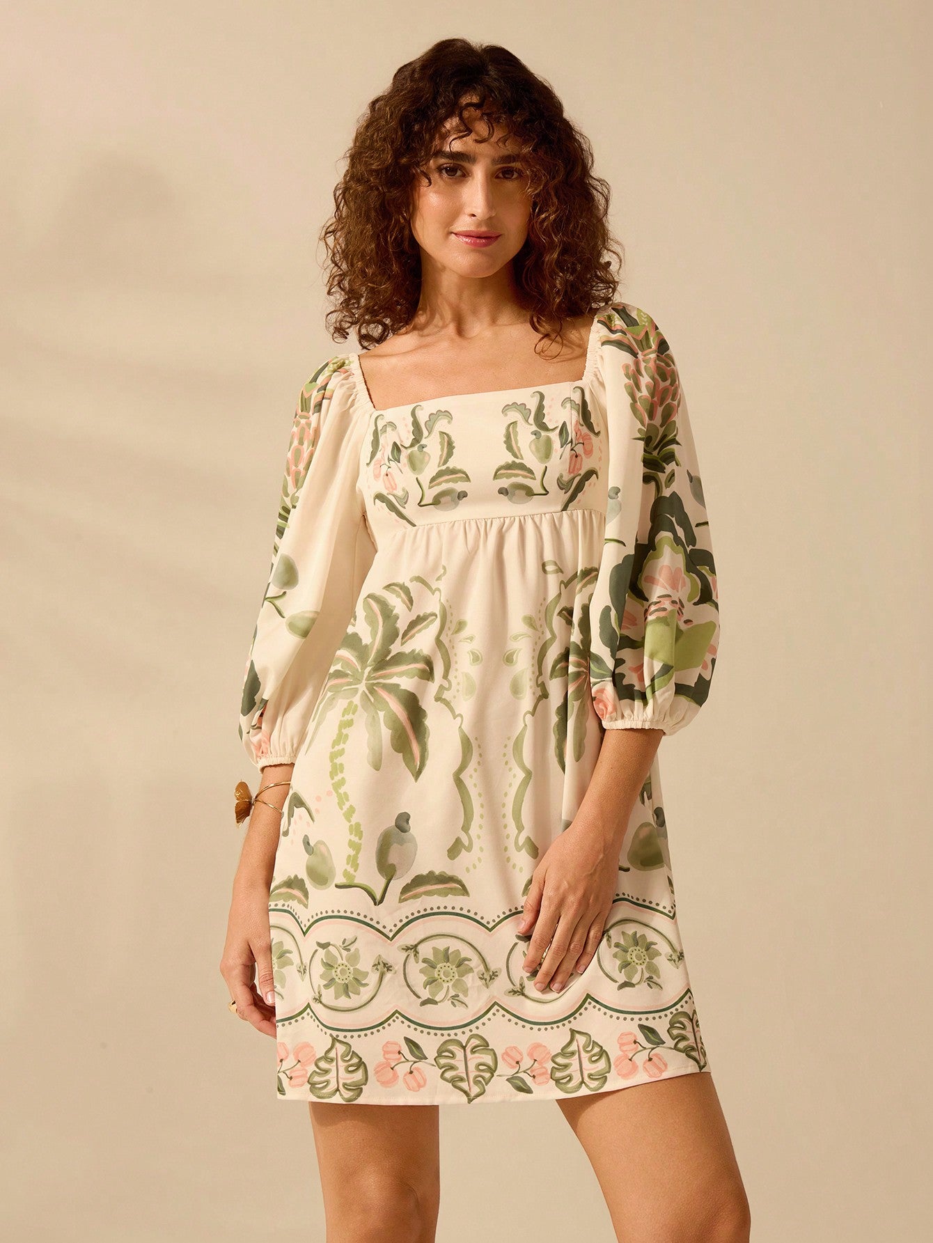 Effortlessly achieve a carefree, bohemian look with our Boho Bliss dress featuring a playful tropical rhododendron and monstera leaf print. The lantern sleeves add a unique touch to this mini dress, making it the perfect choice for any casual summer outing. Embrace your free-spirited side in style!
