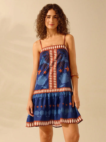 Dress to impress with our Boho Charm summer dress! With a playful star, flower, and bird print, this dress is sure to turn heads. The adjustable spaghetti straps offer a perfect fit while the lightweight fabric keeps you cool and comfortable. Bring some charm to your wardrobe today!