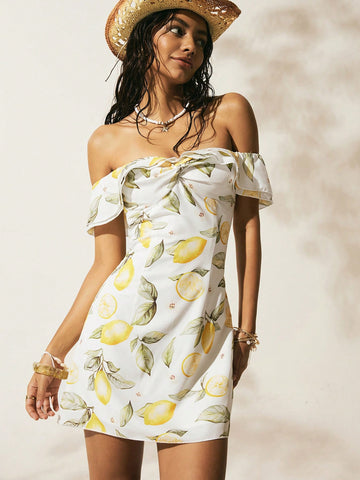 Embrace sunny days in this playful butter yellow off-shoulder dress, adorned with a charming vintage fruit pattern. Perfect for vacation vibes, its breezy design keeps you cool while adding a touch of boho chic to your summer wardrobe. Whether strolling the beach or sipping cocktails, this dress brings effortless style and cheerful energy to every moment.