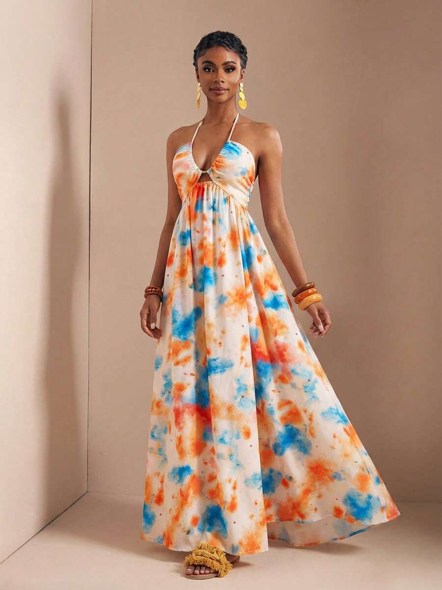 Embrace effortless elegance with this stunning boho chic maxi dress. Featuring a flattering halter neckline, backless design with knot detail, and a high-waisted silhouette, this piece combines comfort with style. The random floral print and flared A-line cut create a romantic, flowing look perfect for music festivals, beach vacations, and evening celebrations. Crafted from a breathable woven fabric blend of 97% polyester and 3% elastane, this semi-sheer dress offers a versatile canvas for your personal sty