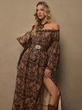 Escape to your next adventure in effortless style with this boho beauty. The off-shoulder neckline and cinched waist create a flattering silhouette, while the flowing A-line skirt moves with you through every season. Rich brown print details add that wanderlust-worthy charm perfect for autumn getaways and winter retreats. Whether you're exploring coastal towns or cozying up at mountain lodges, this dress transitions seamlessly from day to night. Comfortable, chic, and undeniably Instagram-worthy—your vacati