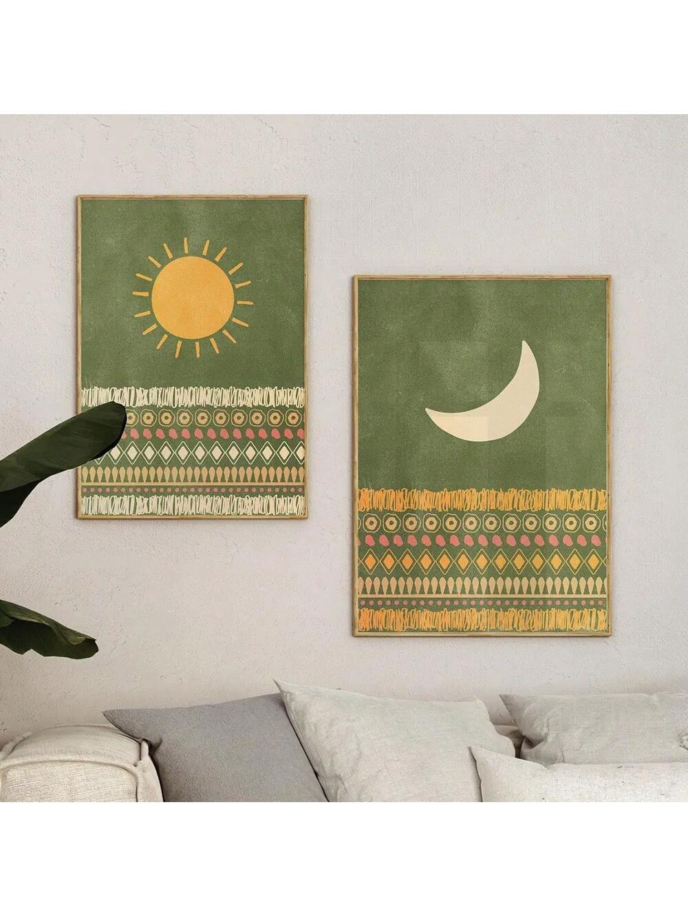 Add some bohemian flair to your home with our Boho Chic posters! This set of two unframed green sun and moon retro posters will bring a touch of whimsy and modern charm to any room. Don't just decorate your walls, express your eclectic style with these unique pieces.