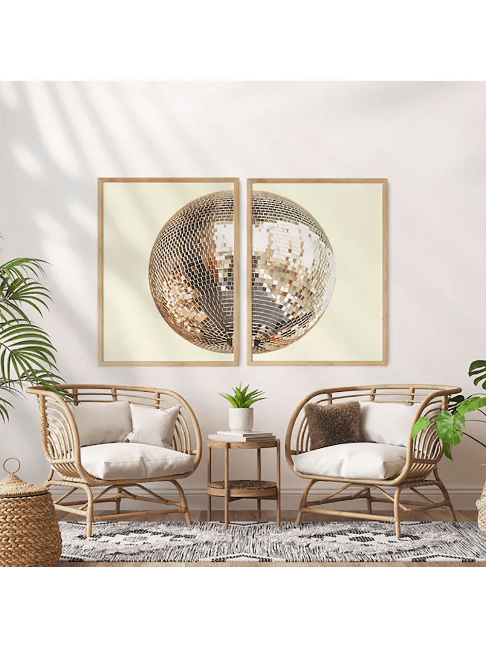 Add some pizzazz to your walls with our Boho Chic Set of 2 Y2K Golden Disco Ball Canvas Art Prints! These prints will give any space an aesthetic upgrade with their unique, playful design. Bring on the funky vibes and transform your room into a stylish haven.