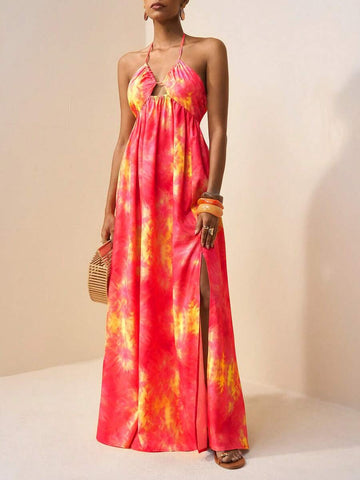 Embrace effortless bohemian style with this stunning tie-dye floral maxi dress. Featuring delicate spaghetti straps, a flattering high waist, and a daring backless design with thigh split, this piece transitions seamlessly from festival grounds to beach getaways. The semi-sheer woven fabric in soft pink tones drapes beautifully in a flared silhouette, while the slim fit keeps you feeling confident and comfortable. Perfect for creating those carefree, wanderlust-inspired looks all season long.