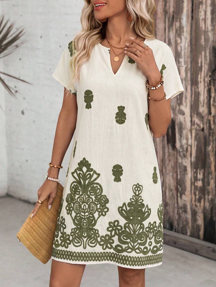 Front view of Boho Chic Women's Summer Mini Dress - Casual Retro Print for Holiday & Daily Wear for women dress styling