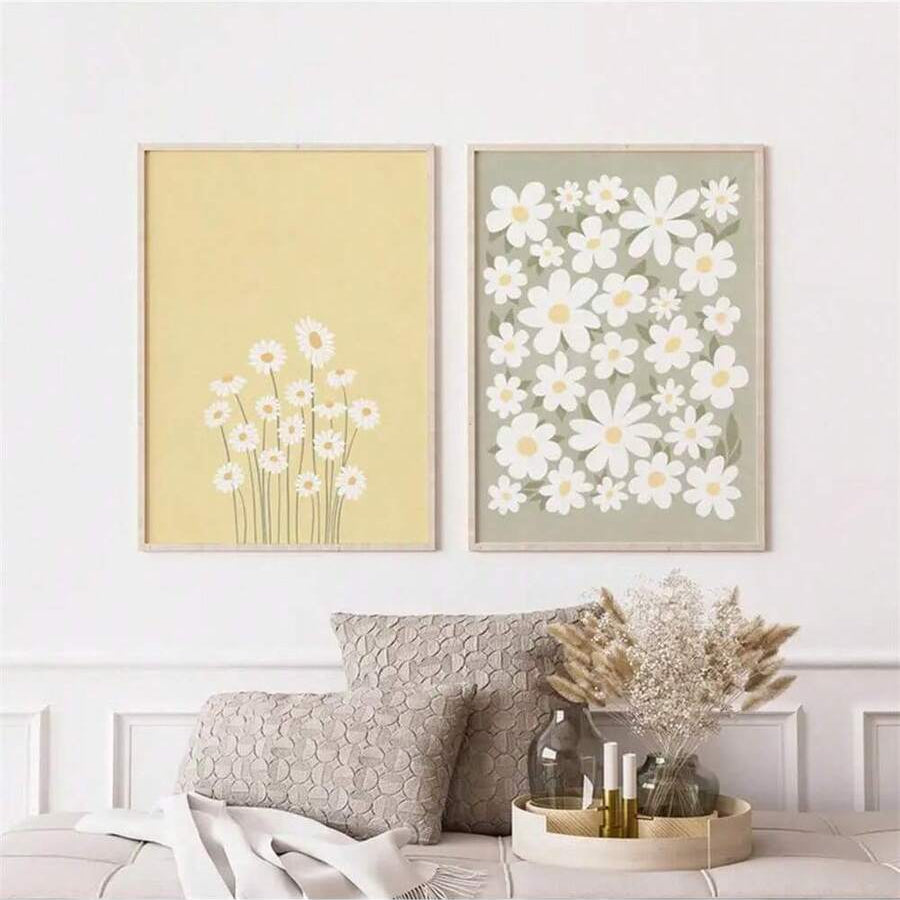 Boho daisy floral canvas diptych with white flowers and olive stems on warm pastel backgrounds
