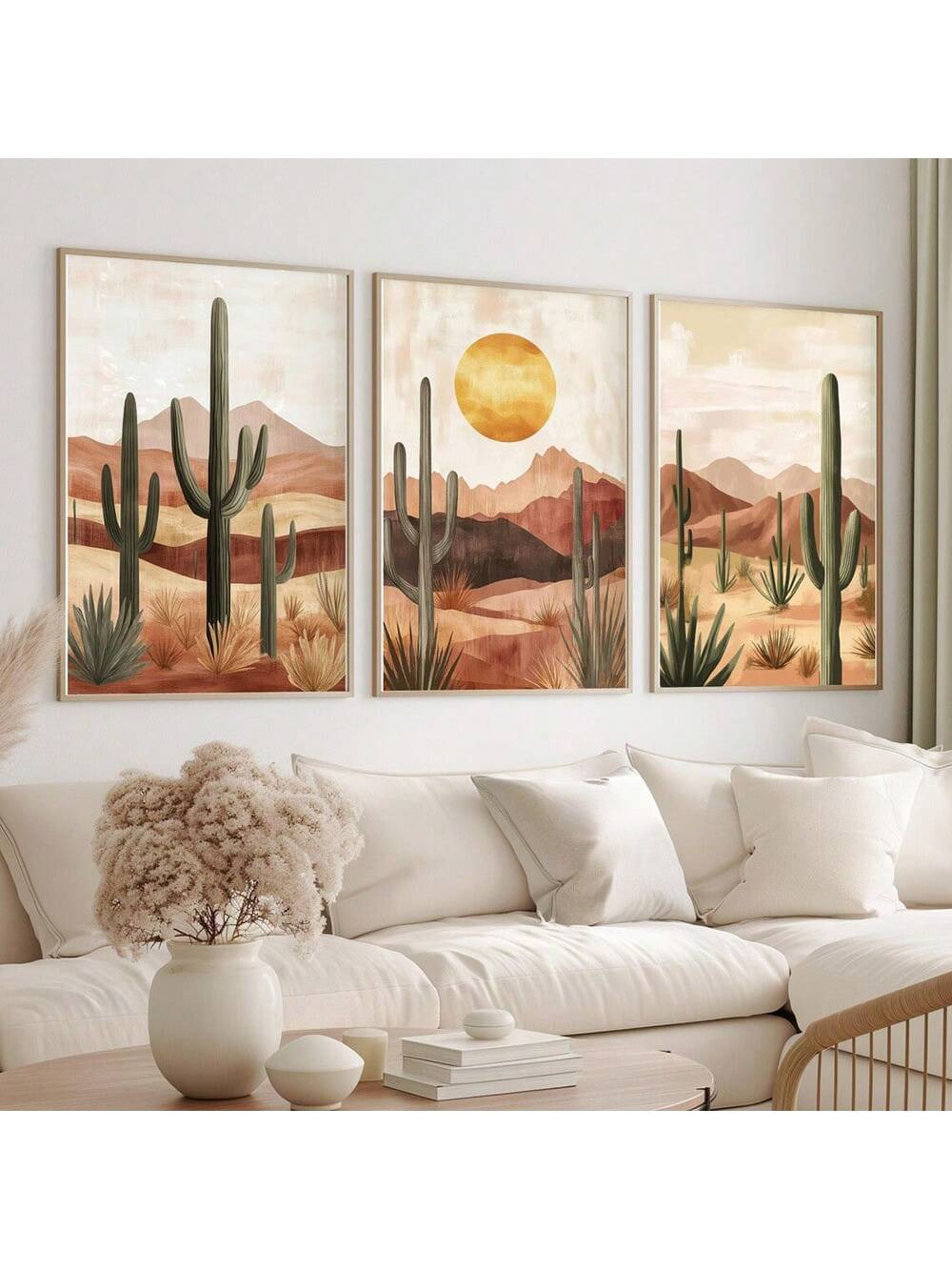 Transform your space with our playful Boho Desert Cactus Wall Art Set! These three unframed minimalist canvas prints bring desert vibes to any room without the prickly maintenance. Perfect for sprucing up blank walls with a touch of modern bohemian flair – because who says cacti can only live in the desert? Your guests will be green with envy!