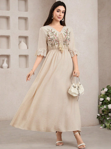 Twirl into summer with our Boho Floral Embroidery Long Dress! Delicate embroidered flowers dance across flowing fabric, while pretty lace trim adds that perfect touch of whimsy. This free-spirited maxi is your ticket to effortless style whether you're beach-hopping or sipping sunset cocktails on vacation. Embrace your inner flower child!