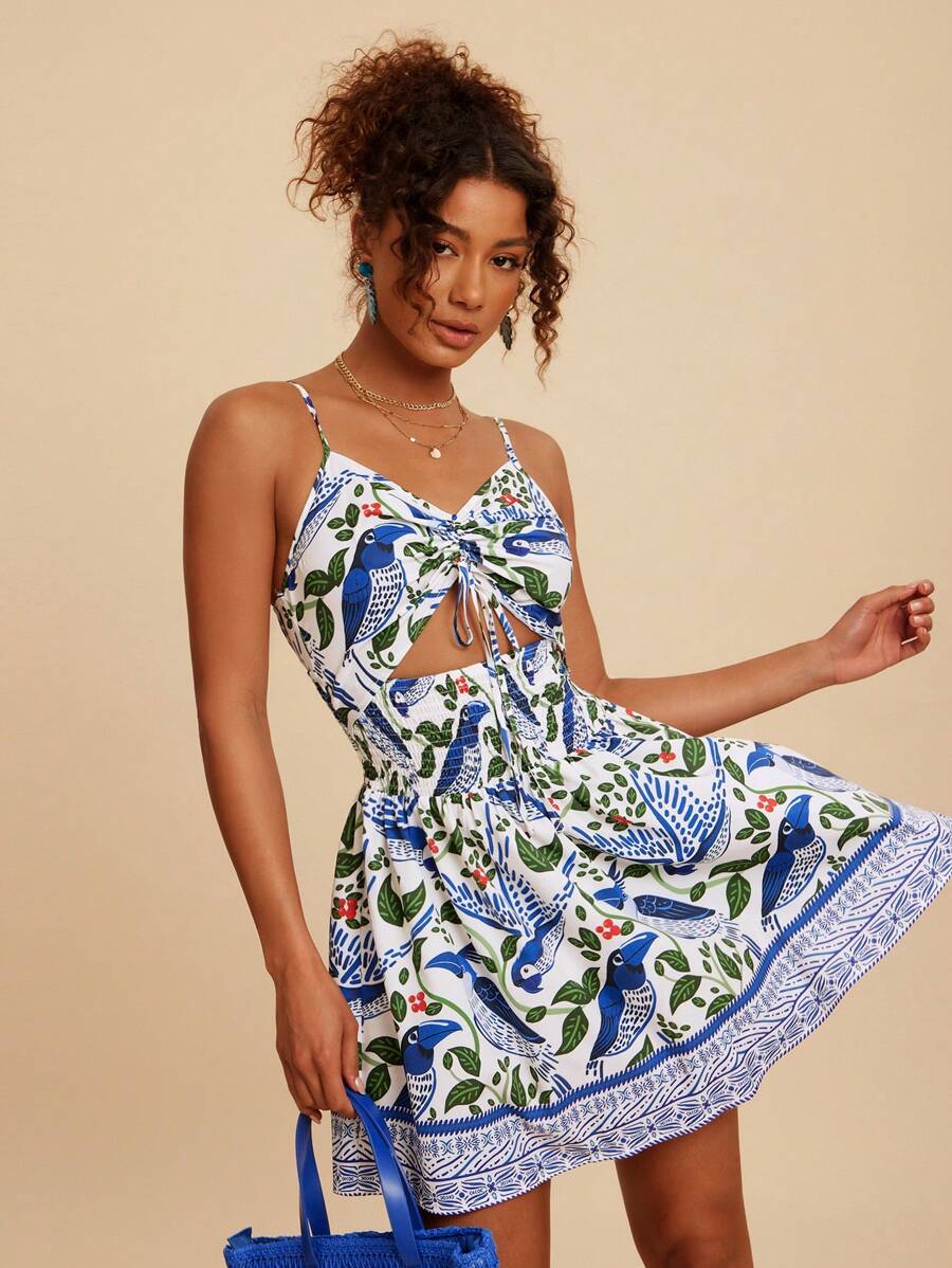 Embrace sunny days in this playful Boho Floral Print Summer Dress, perfect for your next getaway. Featuring a chic cami style with a flirty drawstring waist and trendy cut-out details, it adds just the right touch of fun to your vacation wardrobe. Lightweight and breezy, this dress keeps you cool while turning heads wherever you go.