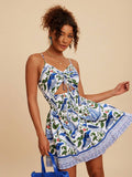 Embrace sunny days in this playful Boho Floral Print Summer Dress, perfect for your next getaway. Featuring a chic cami style with a flirty drawstring waist and trendy cut-out details, it adds just the right touch of fun to your vacation wardrobe. Lightweight and breezy, this dress keeps you cool while turning heads wherever you go.