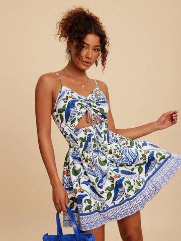 Embrace sunny days in this playful Boho Floral Print Summer Dress, perfect for your next getaway. Featuring a chic cami style with a flirty drawstring waist and trendy cut-out details, it adds just the right touch of fun to your vacation wardrobe. Lightweight and breezy, this dress keeps you cool while turning heads wherever you go.