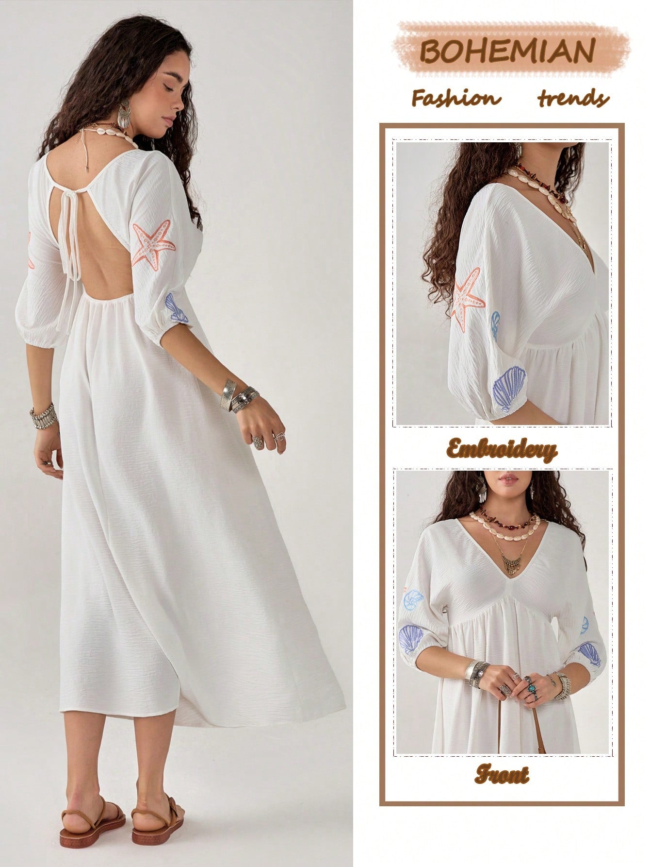 Embrace your inner bohemian goddess with our enchanting V-neck floral dress! This backless beauty features delicate embroidery that'll have everyone asking, "Where did you get that?" Perfect for twirling through summer markets, sipping rosé at sunset, or creating those Instagram-worthy vacation moments. Pack light, but make a statement – this dress does all the talking!