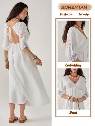 Embrace your inner bohemian goddess with our enchanting V-neck floral dress! This backless beauty features delicate embroidery that'll have everyone asking, "Where did you get that?" Perfect for twirling through summer markets, sipping rosé at sunset, or creating those Instagram-worthy vacation moments. Pack light, but make a statement – this dress does all the talking!