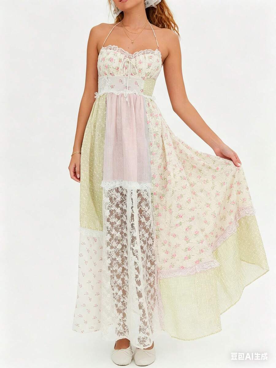 Multicolor boho halter neck maxi dress with floral print