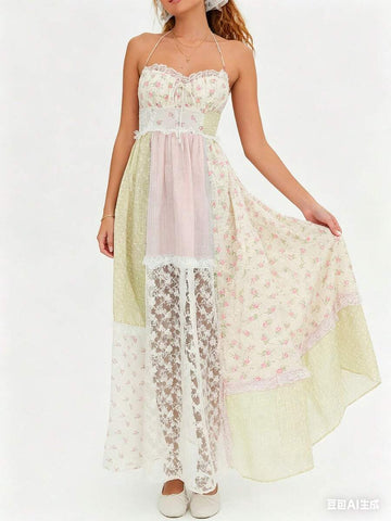 Multicolor boho halter neck maxi dress with floral print