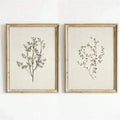 Front wall mockup of two ivory and charcoal botanical prints in distressed gold-tone frames