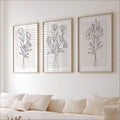 Close living room view of three minimalist botanical prints in light wood frames