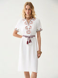 Embrace your free spirit in our Boho V-Neck Embroidered Maxi Dress! This flowy masterpiece features intricate embroidery that tells its own story as you twirl through summer adventures. The flattering V-neck frames your sunkissed glow while the maxi length adds drama to beach strolls and sunset dinners. Pack light, look fabulous – vacation mode: activated!
