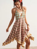 Step into summer with this Boho Vintage Casual Woven Plaid Midi Dress, featuring a playful asymmetric hem that adds a flirty twist to your look. Its breezy fabric and timeless plaid pattern make it perfect for sunny days and casual outings. Effortlessly stylish and comfortable, this dress is your new go-to for easy, carefree summer vibes.