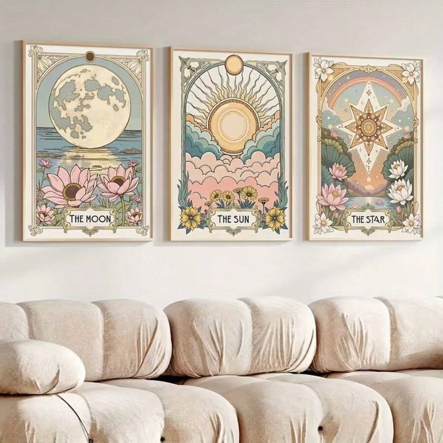 Embrace celestial mystique with this enchanting three-piece tarot art print set. Each canvas features intricate boho-inspired designs blending vintage aesthetics with cosmic symbolism - the radiant Sun, ethereal Star, and serene Moon, all adorned with delicate florals. Perfect for creating a spiritual sanctuary in any room, these prints add warmth, character, and a touch of bohemian elegance to your walls. 