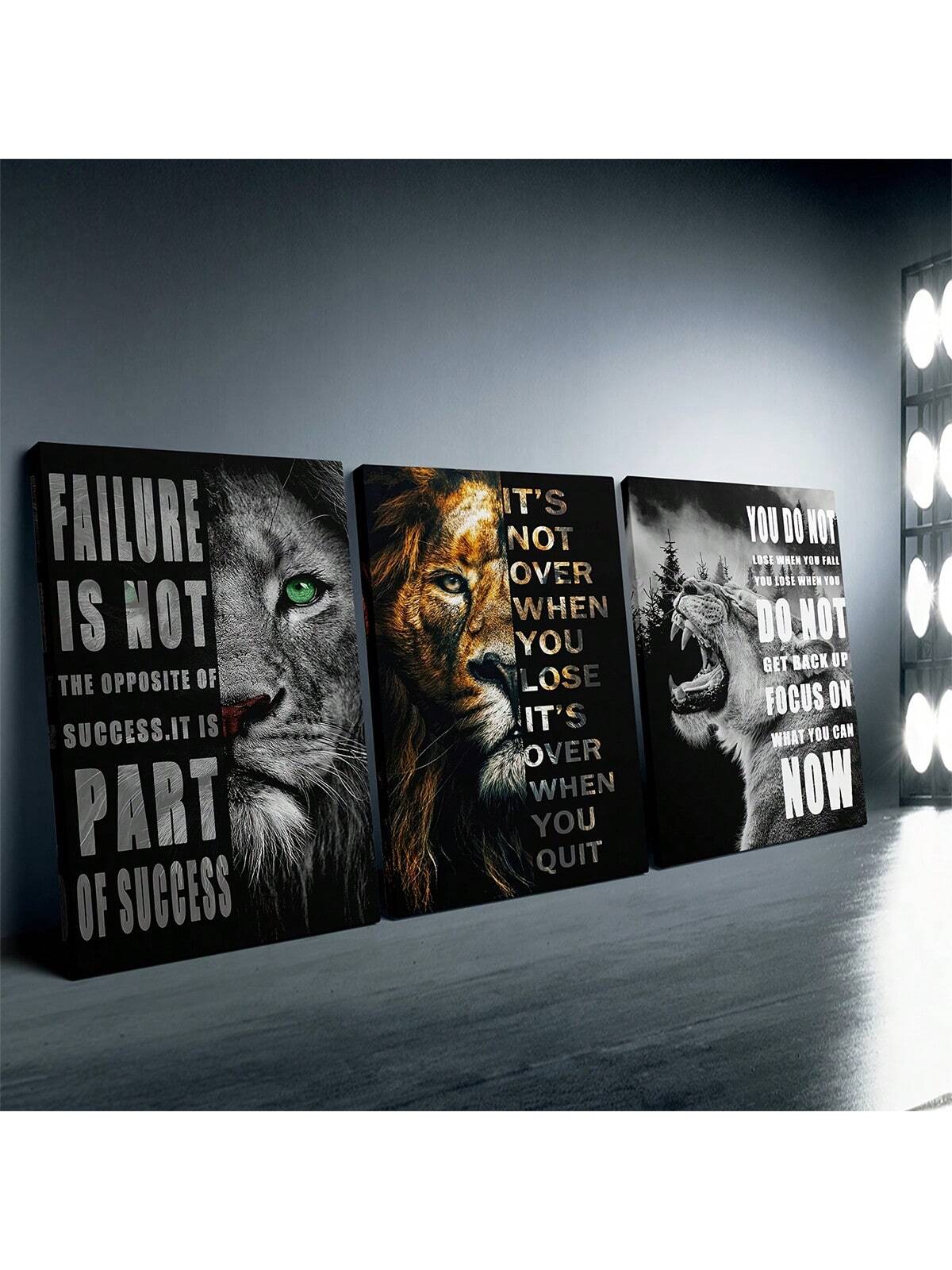 Add a touch of bold elegance to your home decor with this 3-piece wooden framed canvas set. Featuring motivational lion art, this set will inspire and uplift any room. Perfect for creating a unique and inspiring atmosphere.