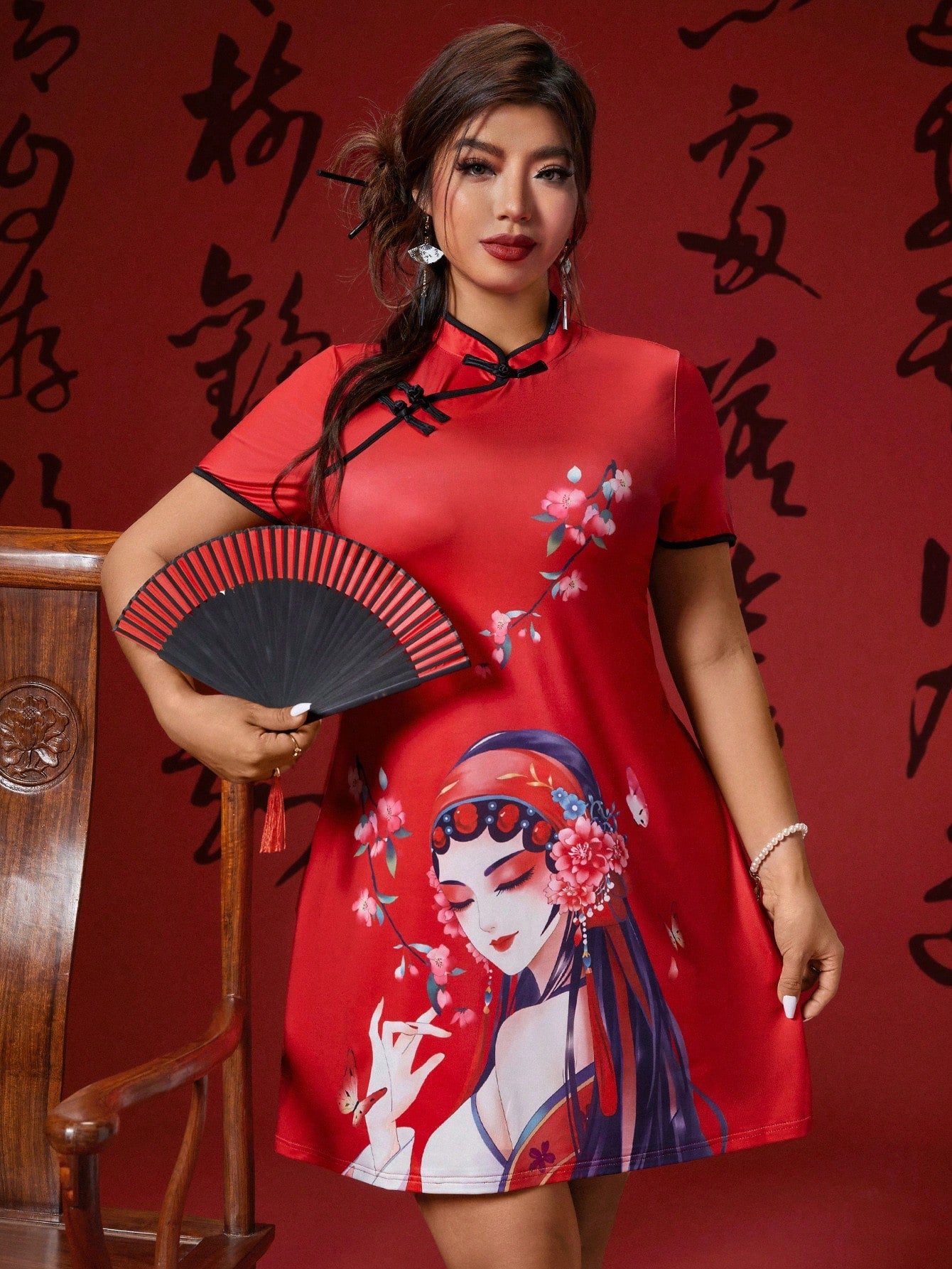 Get ready to stand out in the crowd with our Bold Elegance dress featuring a bold Peking Opera mask print. This A-line mini dress is perfect for plus size beauties. Show off your unique style with sophistication and confidence.