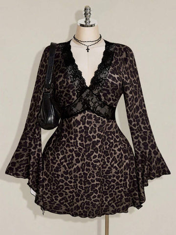 Front view of brown leopard print mini dress with black lace V-neck and long flared sleeves