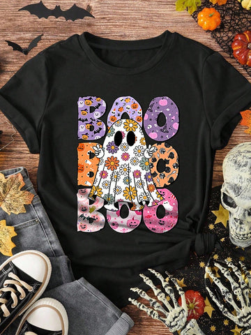 Celebrate Halloween in style with this Boo-tiful Floral Ghost Print Plus Size T-Shirt. Featuring a charming ghost surrounded by delicate floral designs, it blends spooky and sweet perfectly. Designed for comfort and confidence, this tee adds a playful touch to your festive wardrobe while flattering your curves. Embrace the season with a fun, stylish look that’s sure to turn heads at any Halloween gathering.