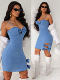 Get ready to turn heads this summer with our Chic Summer Vibes: Bowknot Hollow-Out Bodycon Denim Slip Dress. The perfect combination of style and comfort, this dress features a trendy bowknot and a flattering bodycon silhouette. The hollow-out design adds a touch of elegance, making it the ultimate must-have for your summer wardrobe.
