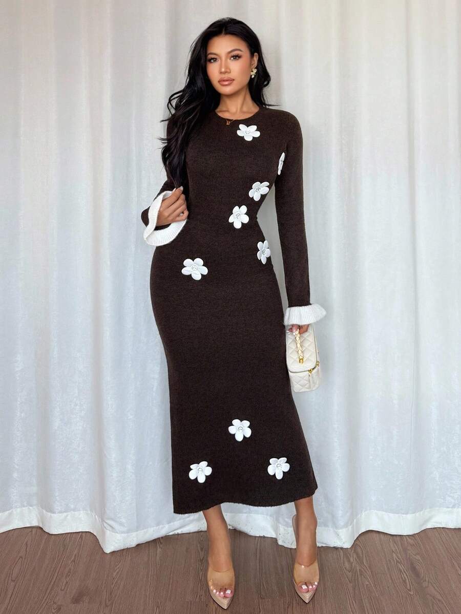 Full front view of brown floral bodycon midi dress with white rose appliques and long sleeves