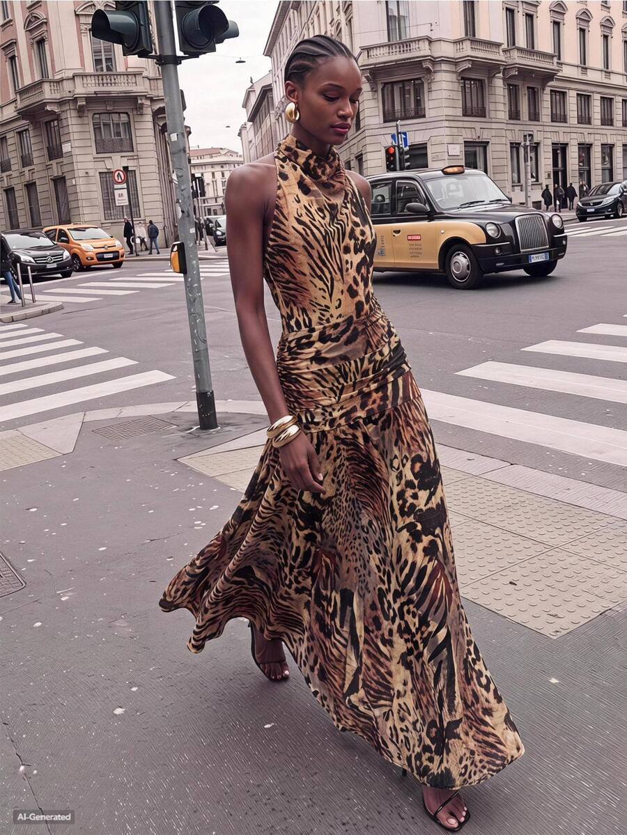 Brown Zebra Print Fitted Maxi Dress for Summer Vacations and Night Out