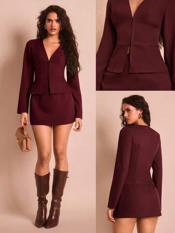 Burgundy 2 Piece Blazer and Mini Skirt Set with Deep V Neck for Office 