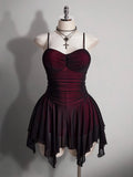 Front view of burgundy and black gothic vampire mini dress with ruched bodice and sheer fairy hem