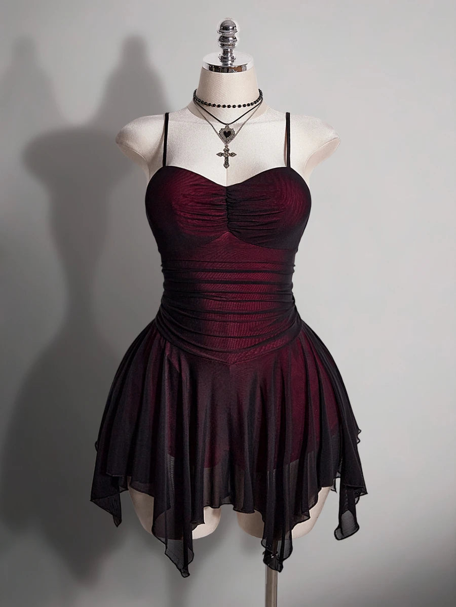 Front view of burgundy and black gothic vampire mini dress with ruched bodice and sheer fairy hem