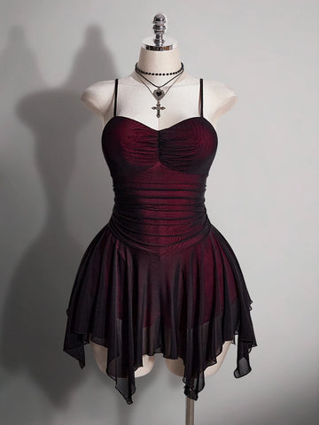 Front view of burgundy and black gothic vampire mini dress with ruched bodice and sheer fairy hem