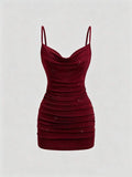 Burgundy backless party mini dress with draped neckline and chain detail