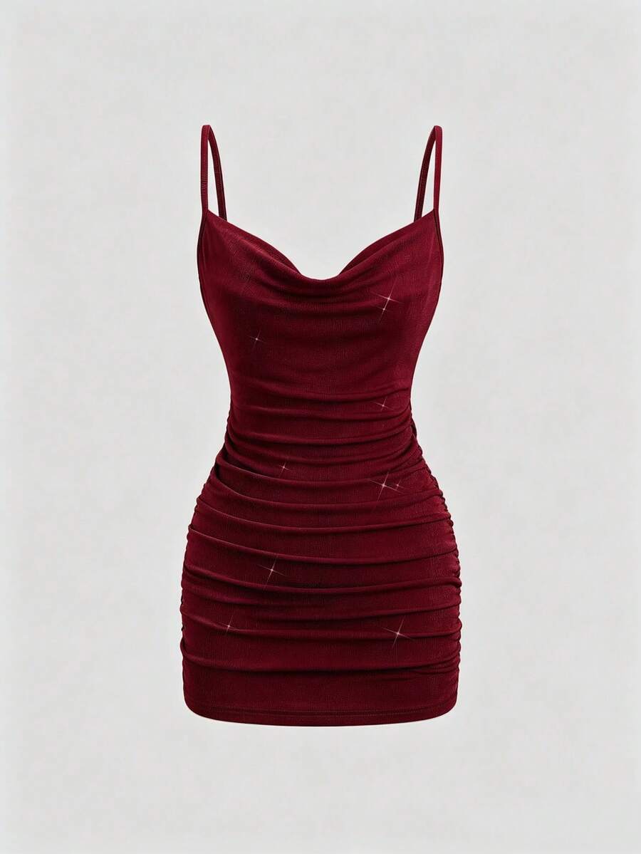 Burgundy backless party mini dress with draped neckline and chain detail