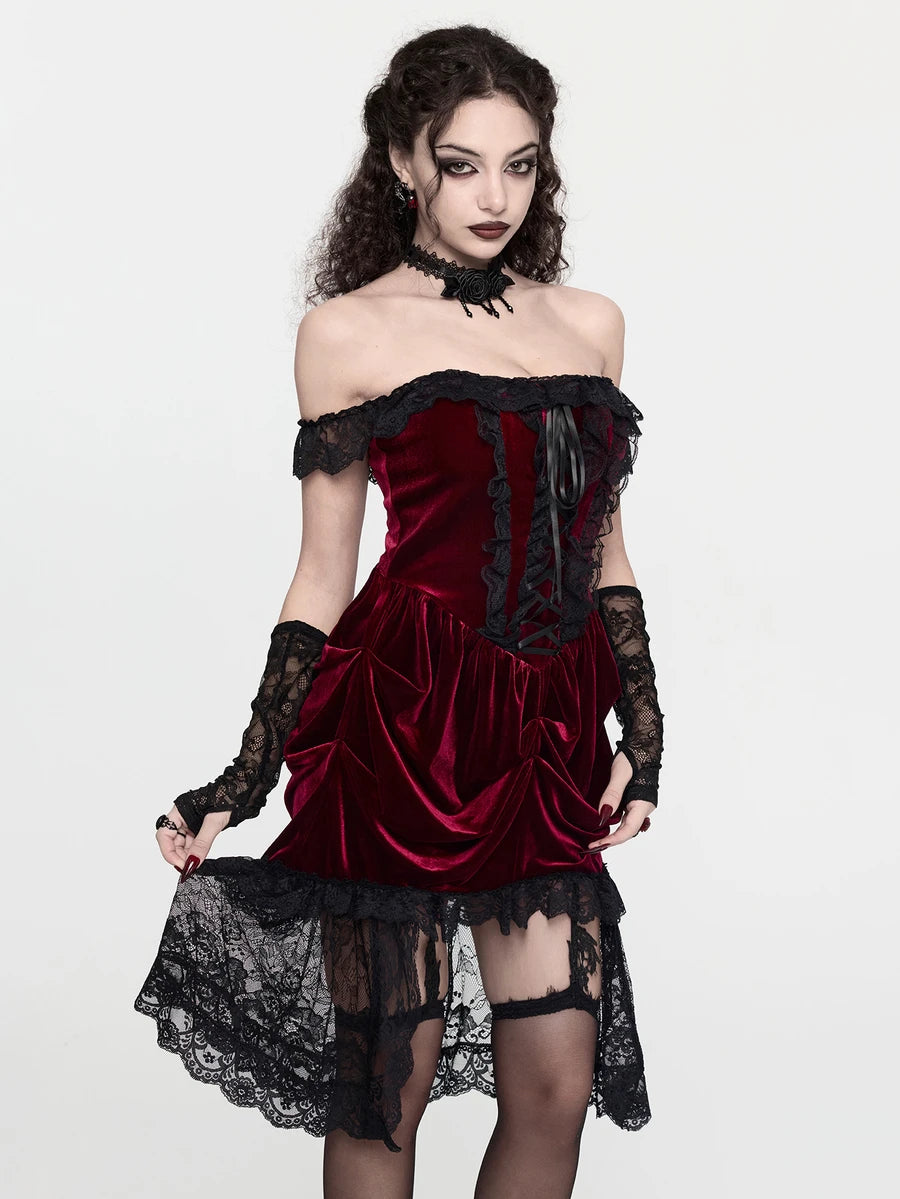 Front view of burgundy velvet off-shoulder gothic mini dress with black lace neckline and ribbon lacing