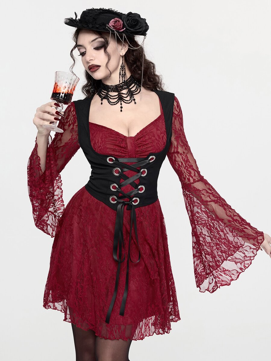 Front view of burgundy gothic lace mini dress set with black corset waist and flared sleeves