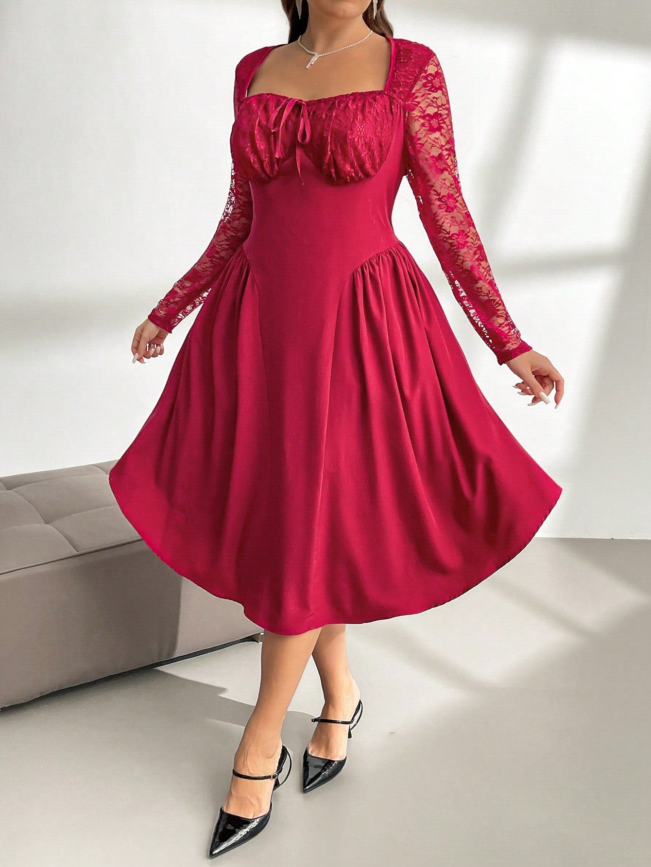 Turn heads this New Year with our Burgundy Plus Size Lace Panel Flare Dress! Featuring delicate sheer sleeves and romantic lace panels, this dress combines elegance with a flirty flare. Designed to celebrate curves and capture the essence of French romance, it’s the perfect choice to dance the night away in style and confidence. Embrace the party spirit with a look that’s as playful as it is enchanting.