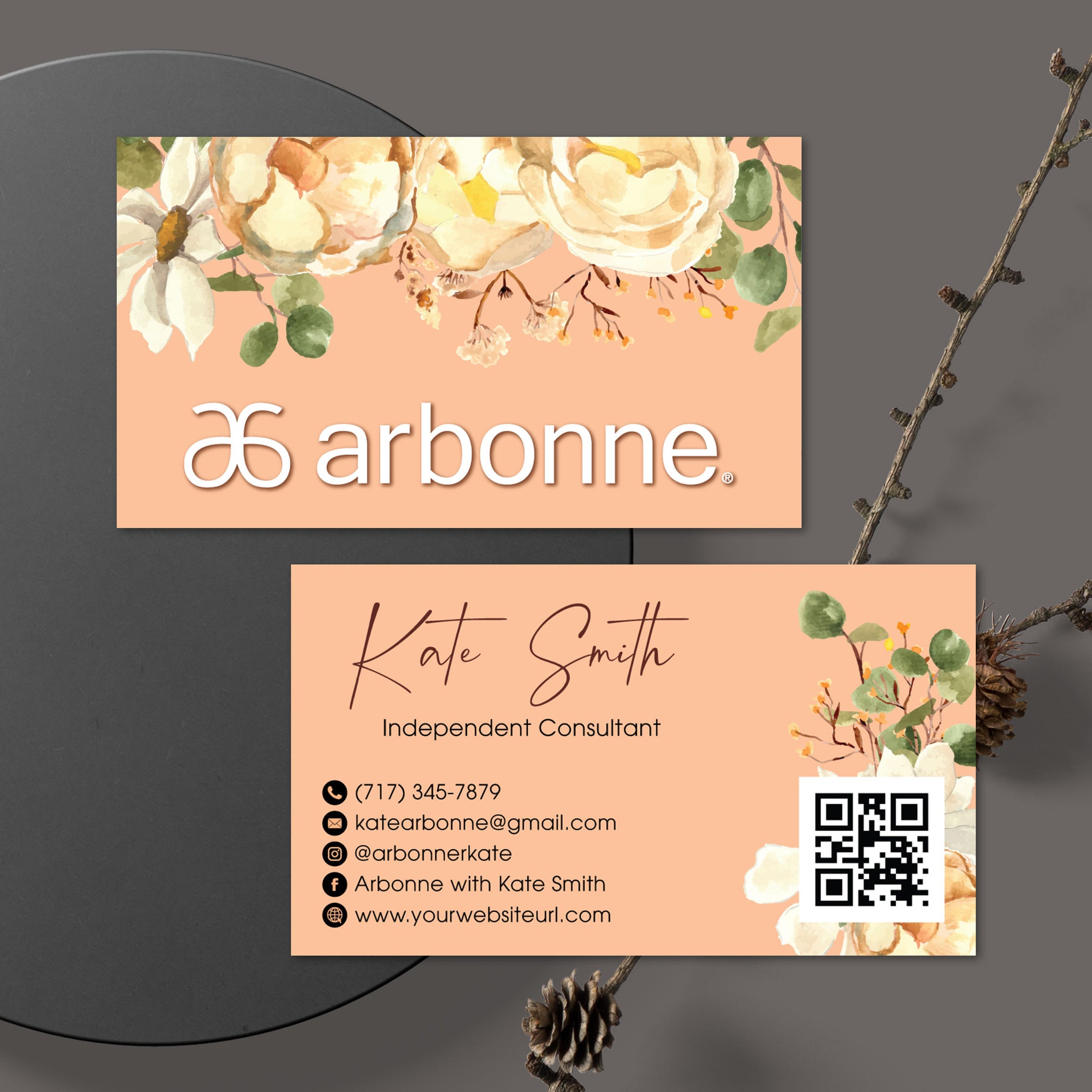 Arbonne Orange Flower Business Card QR Code, Personalized Arbonne Business Cards AB183