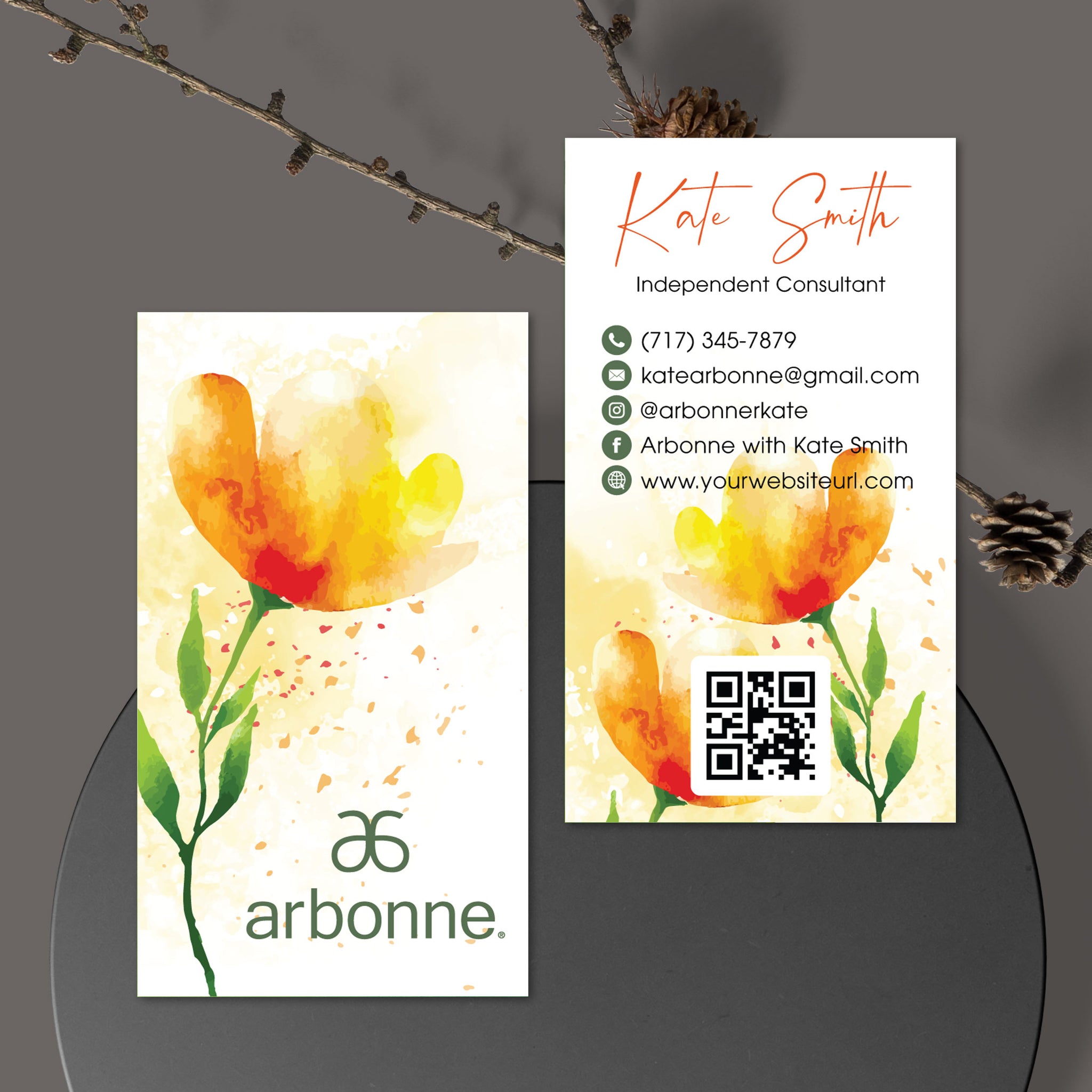 Arbonne Yellow Flower Business Card QR Code, Personalized Arbonne Business Cards AB184