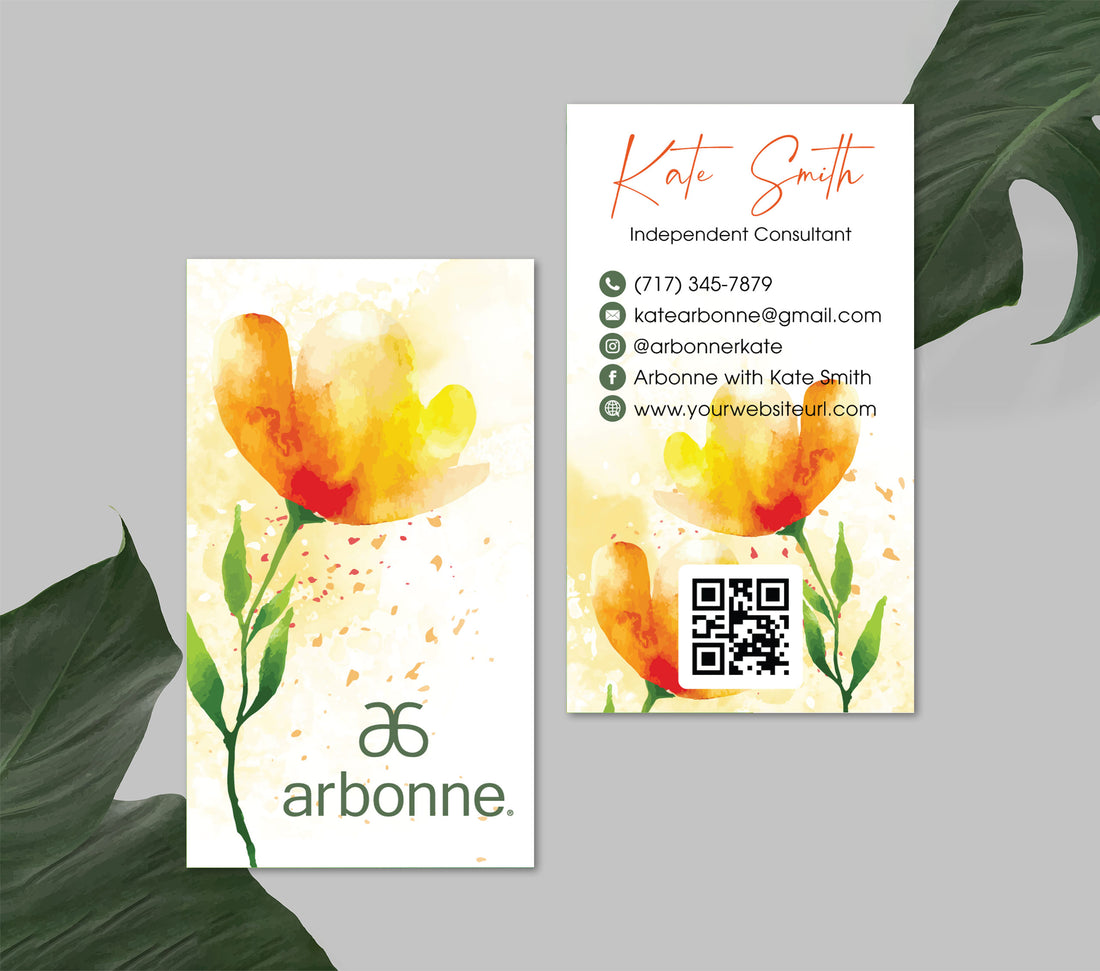 Arbonne Yellow Flower Business Card QR Code, Personalized Arbonne Business Cards AB184