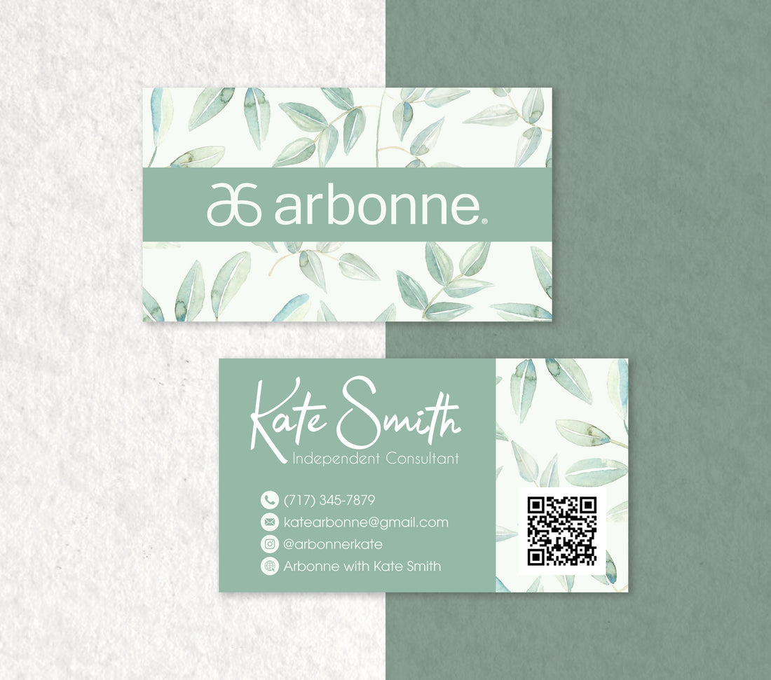 Arbonne Light Green Business Card QR Code, Personalized Arbonne Business Cards AB186