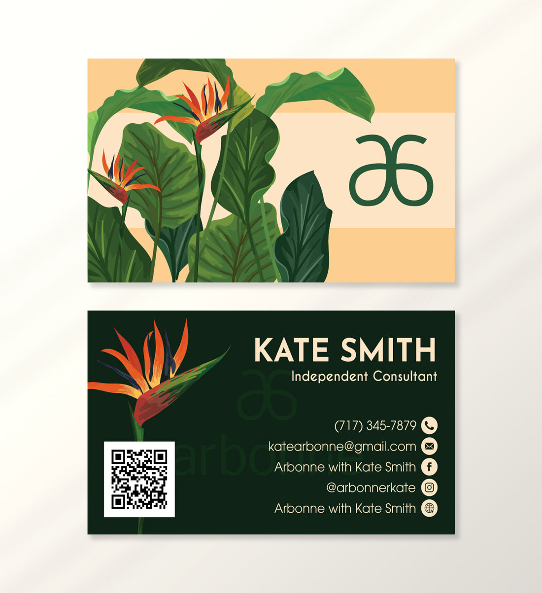 Arbonne Tropical Style Business Card QR Code, Personalized Arbonne Business Cards AB189